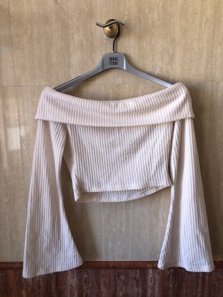 Jersey crop top blanco escote Bardot