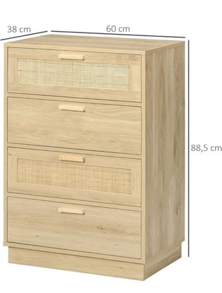 Cómoda de 4 cajones,ratán y tiradores de madera