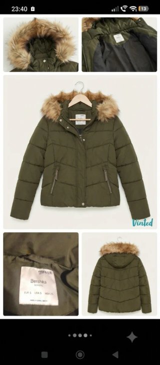 Abrigo acolchado Bershka verde capucha pelo Talla