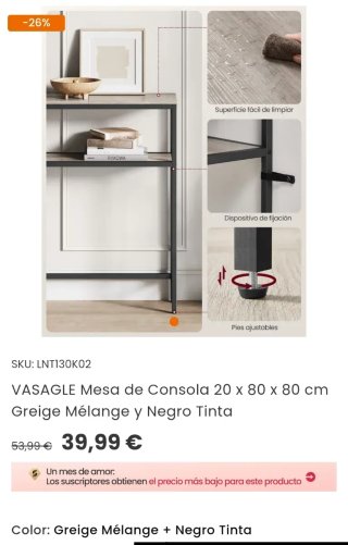 VASAGLE Mesa de Consola 20x80x80 cm Greige Mélange