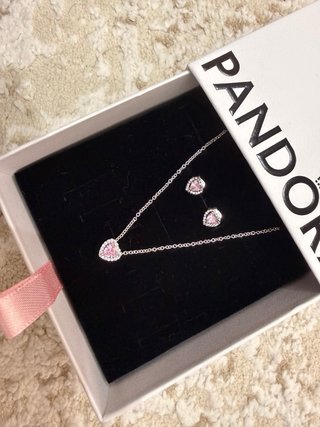 Conjunto Pandora Corazón Rosa y Plata