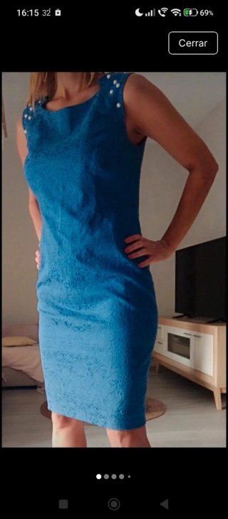 Vestido Midi Brocado Azul Petróleo con Perlas