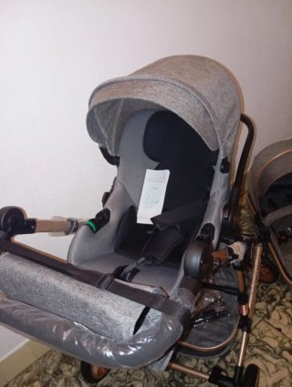 Carrito de bebé y silla de coche gris
