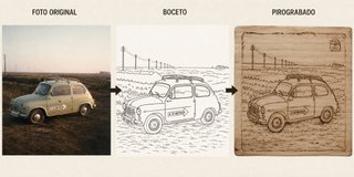 Pirograbado madera coche clásico hecho mano