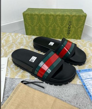 Chanclas Gucci Negras Tiras Rojo/Verde