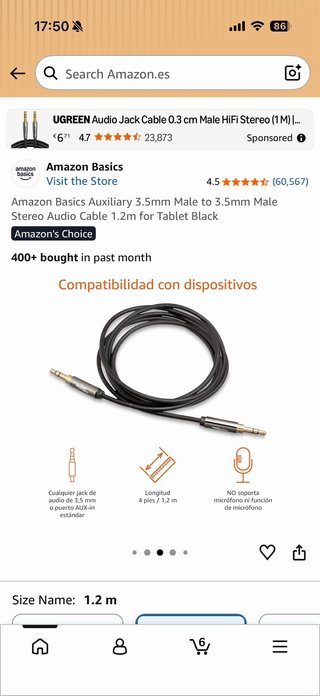 Cable Auxiliar Amazon Basics 3.5mm Macho