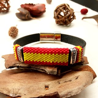 Pulsera Bandera de España - Cuero y cuentas