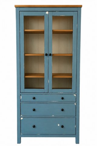 Vitrina azul y madera con puertas de cristal