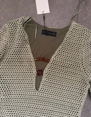 Vestido Zara Crochet Manga Larga Verde Talla XS