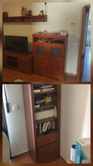 Mueble salón madera castaño/nogal con cristal
