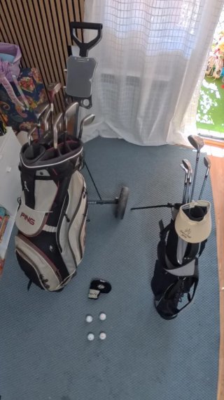 Bolsas de golf con palos, bolsas, carrito y bolas.