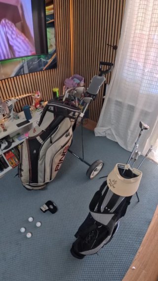 Bolsas de golf con palos, bolsas, carrito y bolas.