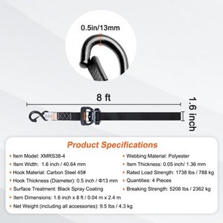 Correas de Amarre con Trinquete (4PK), 5208 lb de Resistencia Máxima a la Rotura, Incluye 4 Correas de Trinquete Premium de 1.6" x 8' con Mangos Acolchados, para Mover y Asegurar Carga, Electrodom...