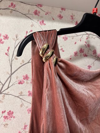 Vestido rosa de terciopelo con detalle dorado