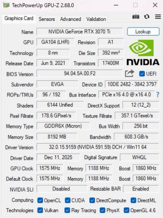 EVGA RTX 3070 Ti FTW3 8GB GDDR6X