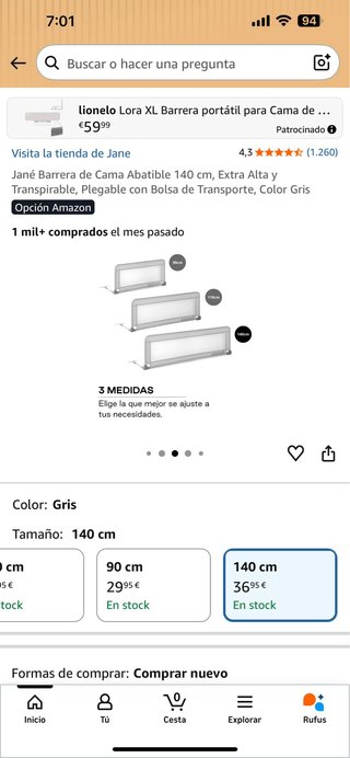 Barrera de Cama Jané 140 cm Gris