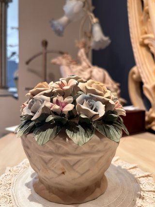 Cesta Flores Cerámica Beige, Verde, Rosa