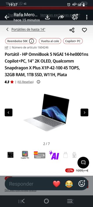 Portátil HP OmniBook 5 14 2K OLED Del año pasado.