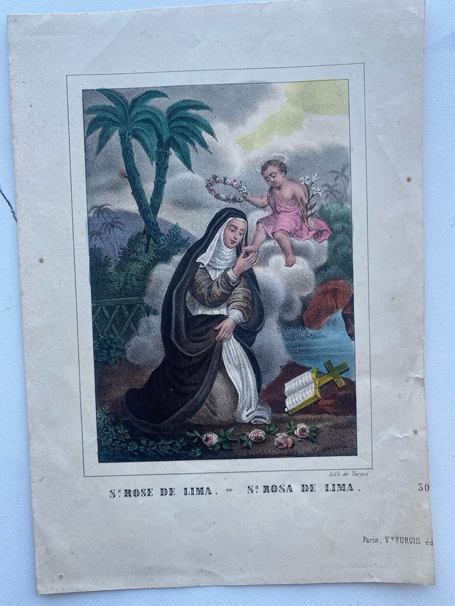Preciosa Cromolitografía Santa Rosa de Lima 1800s