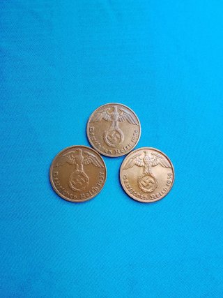 Lotto di 3 monete 1 Rpf III Reich 1937-38-39 zecca G
