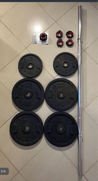 Pack 4 discos 5kg Domyos + 2 discos de 2kg + barra