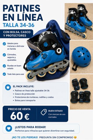 Patines en línea talla 34-36 con bolsa y proteccio