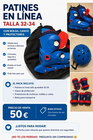 Patines en línea talla 32-34 con accesorios