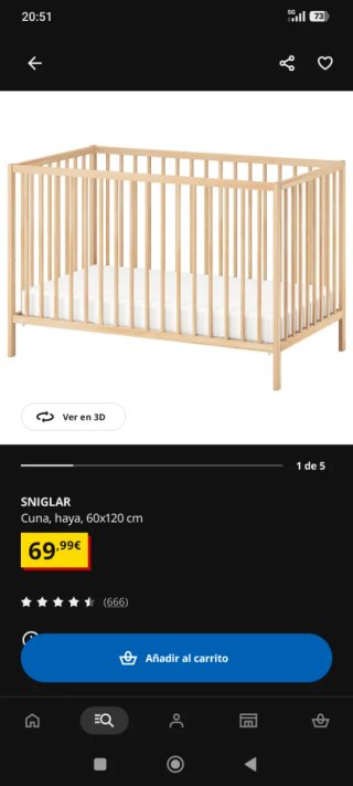 Cuna madera con colchón y funda impermeable.