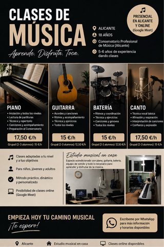 Clases de piano, guitarra, batería y canto