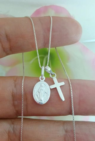Cadena 40cm Plata 925 con Medalla Virgen y Cruz