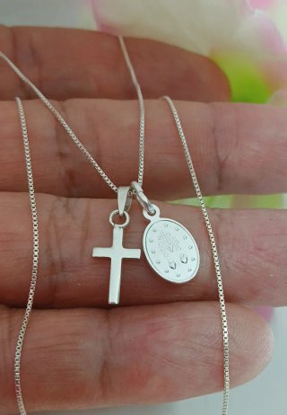 Cadena 40cm Plata 925 con Medalla Virgen y Cruz