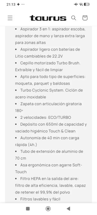 Aspirador Escoba Taurus 22.2V Inalámbrico