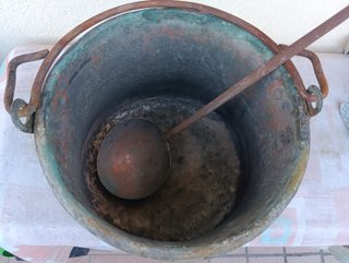 Set antico rame paiolo camino + mestolo