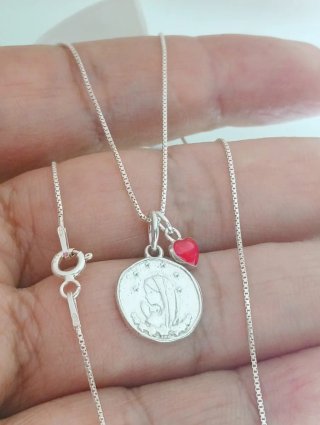 Cadena Plata 925 con Medalla Virgen y Corazón Rojo