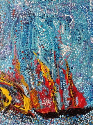 Pintura original abstracta barco en llamas