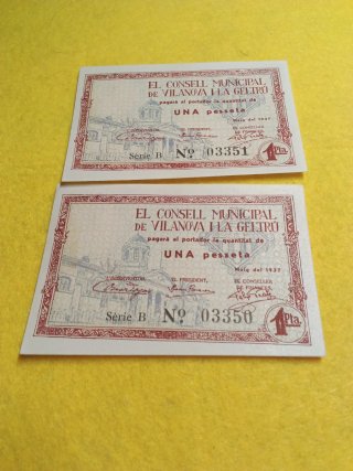 Pareja 2 Billetes Vilanova la Geltrú 1937