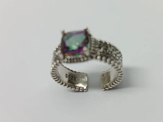 Anillo Plata Vintage Piedra Iridescente Ajustable