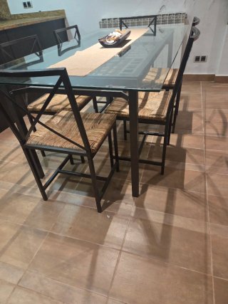 Mesa cristal 8 personas + 6 sillas