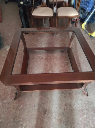 Mesa centro cristal y madera 1m x 1m
