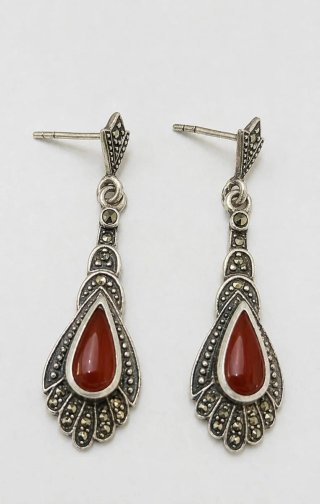 Pendientes Plata con Piedra Roja y Marcasitas
