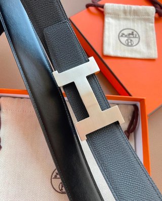 Cinturón Hermès Negro Hebilla H Plata