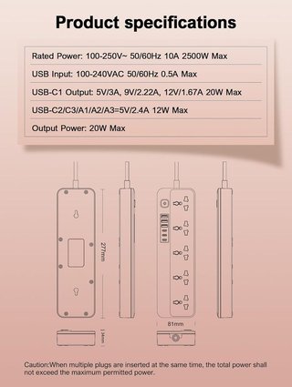 MANTO CP1 Regleta 5 enchufes univ. 3 USB-A 3 USB-C