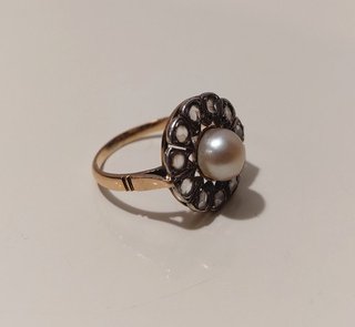 Anillo oro 14k de 1880 con 11 zafiros y perla anti