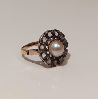 Anillo oro 14k de 1880 con 11 zafiros y perla anti