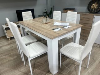 Mesa Comedor Madera + 6 Sillas Blancas