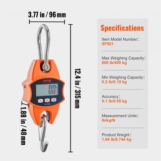Báscula Digital de Grúa, 880 lbs/400 kg, Báscula Colgante Industrial de Alta Resistencia con Caja de Aluminio Fundido y Pantalla LCD, Grúa Mini Portátil con Ganchos para Granja, Caza, Pesca, Exter...