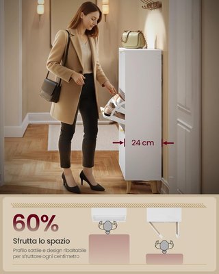 MAXE Collezione - Scarpiera a 3 Scomparti, Mobile Portascarpe Autoportante per Ingresso, con Porte Scanalate, per 18-24 Paia, Stile Moderno Anni '50, Bianco Opaco