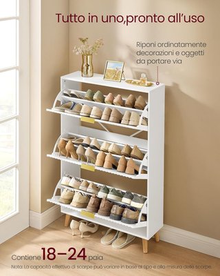 MAXE Collezione - Scarpiera a 3 Scomparti, Mobile Portascarpe Autoportante per Ingresso, con Porte Scanalate, per 18-24 Paia, Stile Moderno Anni '50, Bianco Opaco