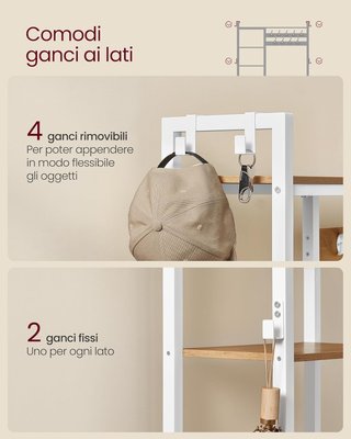 Porta scarpe con Banco, Scarpiera e 5 Ripiani, 9 Ganci per Cappotti e 6 Ganci Laterali, 40 x 120 x 190 cm, Rovere Dorato e Bianco Nuvola HSR426Y01