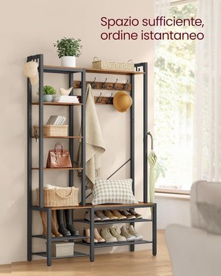 Porta abiti con Banco Scarpiera e 5 Ripiani Organizzatori, 9 Ganci, 6 Ganci Laterali, 40 x 120 x 190 cm, Marrone Vintage e Nero Tinta HSR426B01